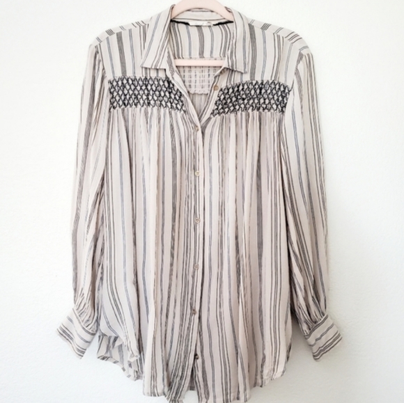Anthropologie Floreat Norfolk Striped Smocked Button Down Longsleeve Tunic Small - Picture 1 of 11